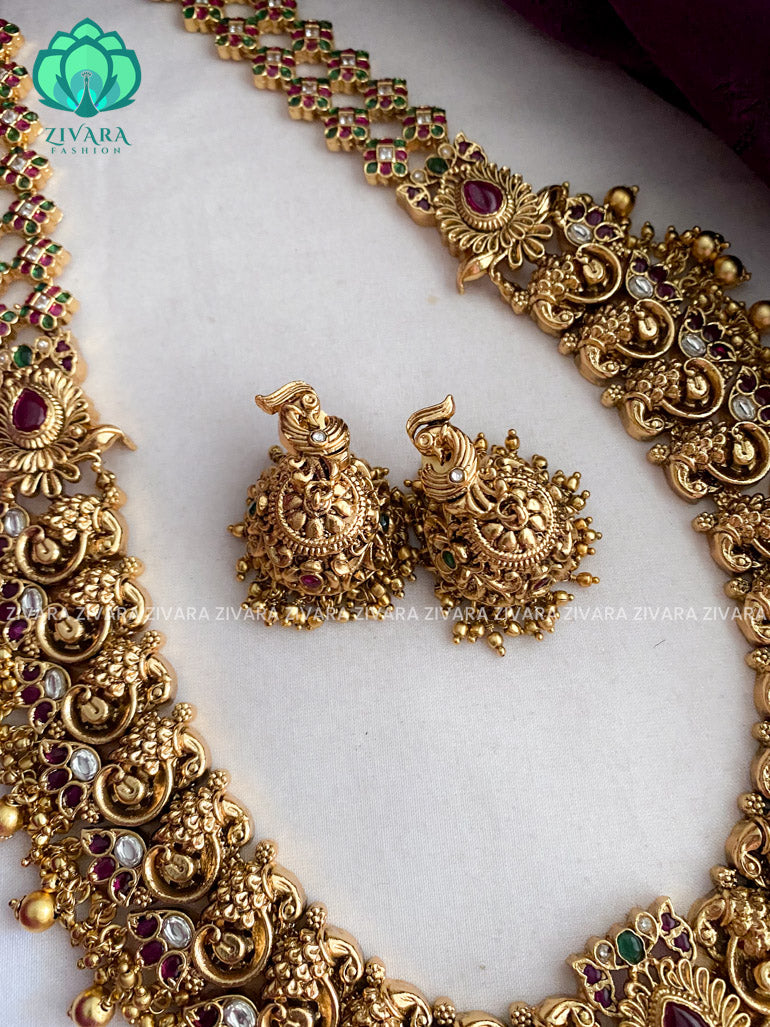 HEAVY BRIDAL PEACOCK long haaram with earrings- Premium quality CZ Matte collection