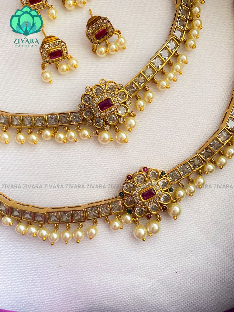 Kids friendly motif free elegant stone neckwear with earrings - latest jewellery designs- Zivara Fashion