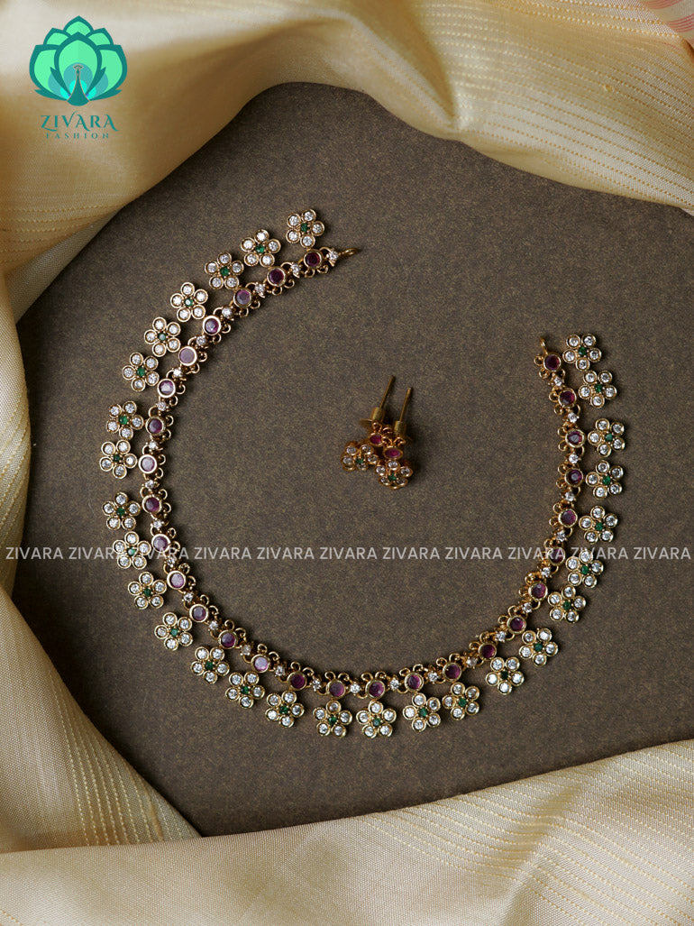 Motif free ruby green floral  -Traditional south indian premium neckwear with earrings- Zivara Fashion- latest jewellery design.