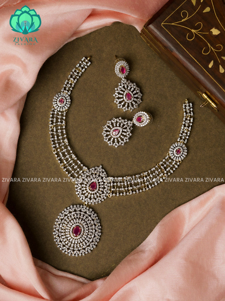 Ruby  - Small bridal pendant -Traditional south indian premium neckwear with earrings - Zivara Fashion- latest jewellery design