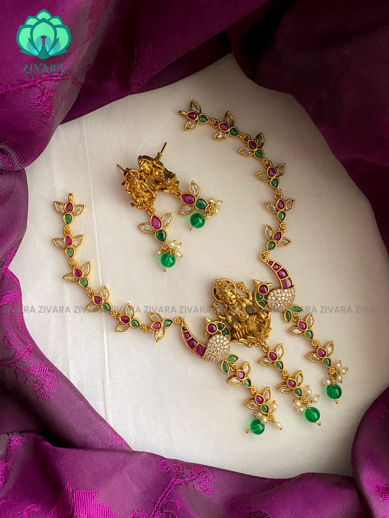 Temple and peacock necklace with earrings- latest bridal jewellery collection CZ Matte