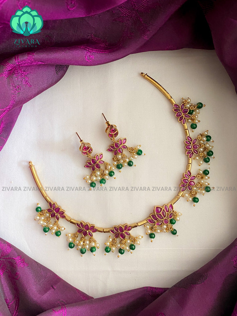 Beautiful lotus real kemp gold look alike flexible hasli neckwear with earrings- latest gold look alike collection