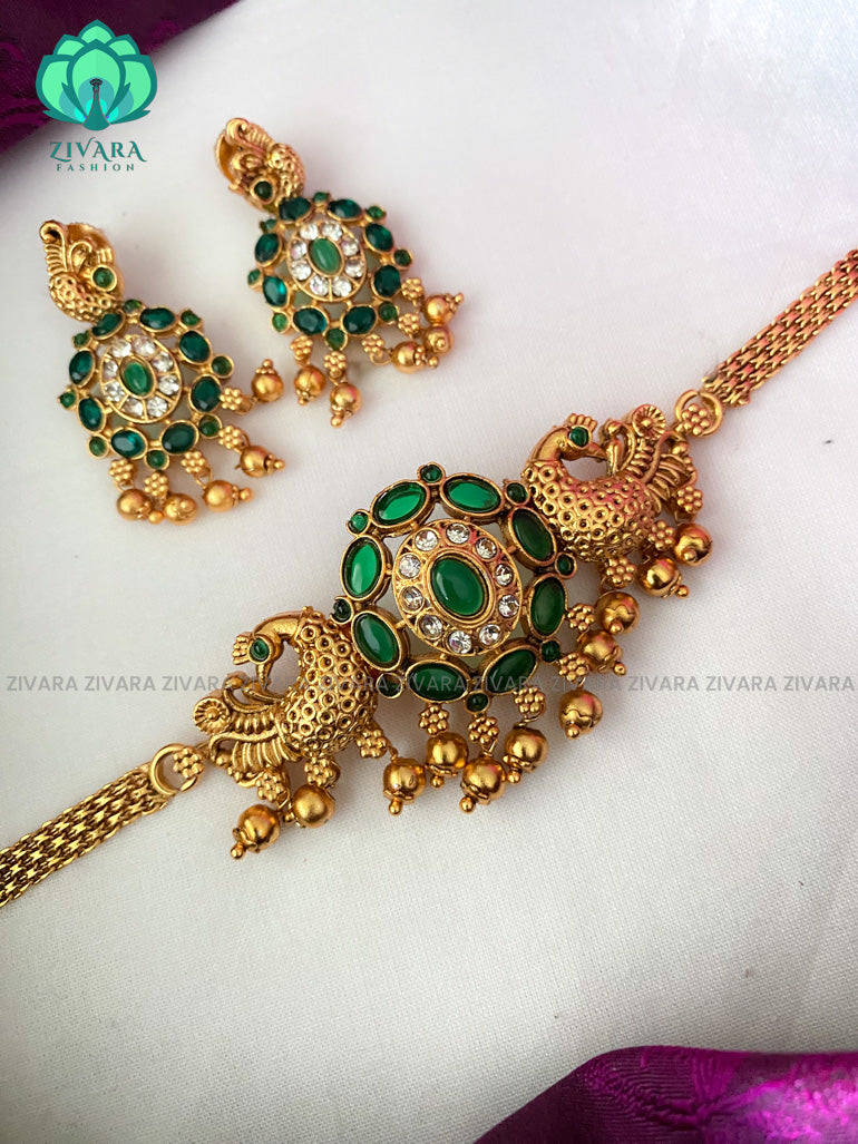 Double peacock matte finish simple choker with earrings-latest south indian jewellery-ruby