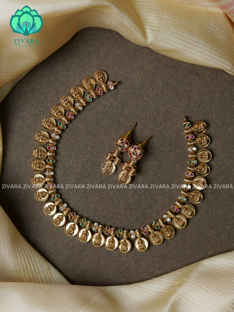 Ruby Green stone coin  -Traditional south indian premium neckwear with earrings- Zivara Fashion- latest jewellery design.