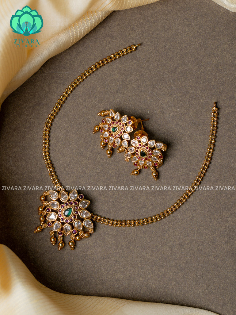 Ball chain and polki pendant  -Traditional south indian premium neckwear with earrings- Zivara Fashion- latest jewellery design.