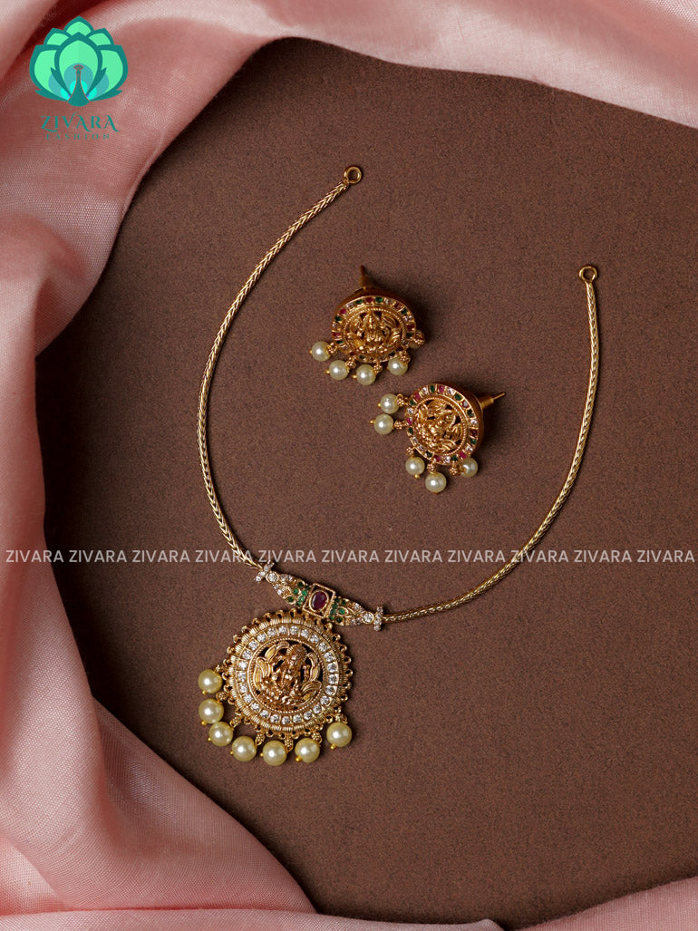 SMALL Flexible chain and TEMPLE pendant -Traditional south indian premium neckwear with earrings- Zivara Fashion- latest jewellery design.