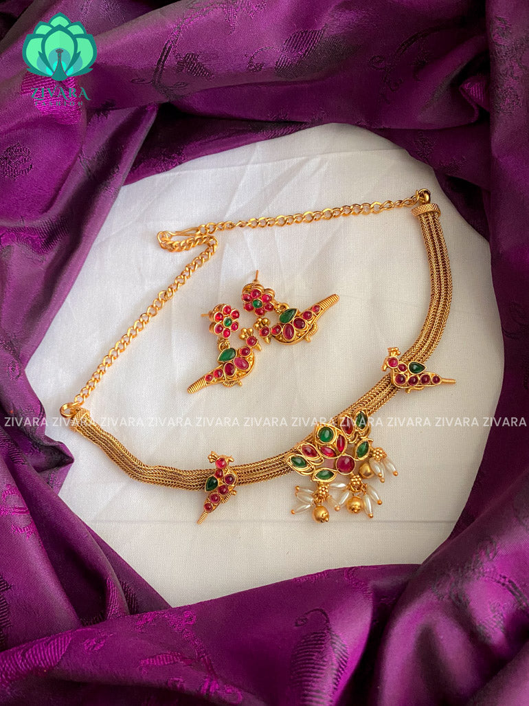 Normal matte Lotus and parrot flexible chain close neck WEAR WITH EARRINGS   - Premium quality CZ Matte collection-south indian jewellery