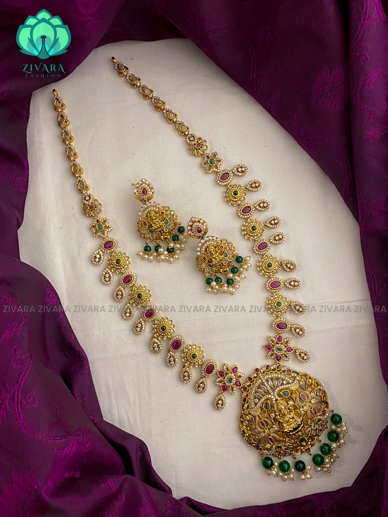 Trending green beads temple stone long neckwear with earrings - Zivara Fashion