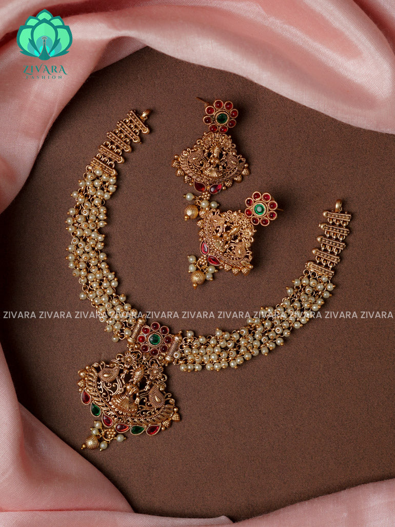 PEARL CLUSTER AND TEMPLE PENDANT  -Traditional south indian premium neckwear with earrings- Zivara Fashion- latest jewellery design.