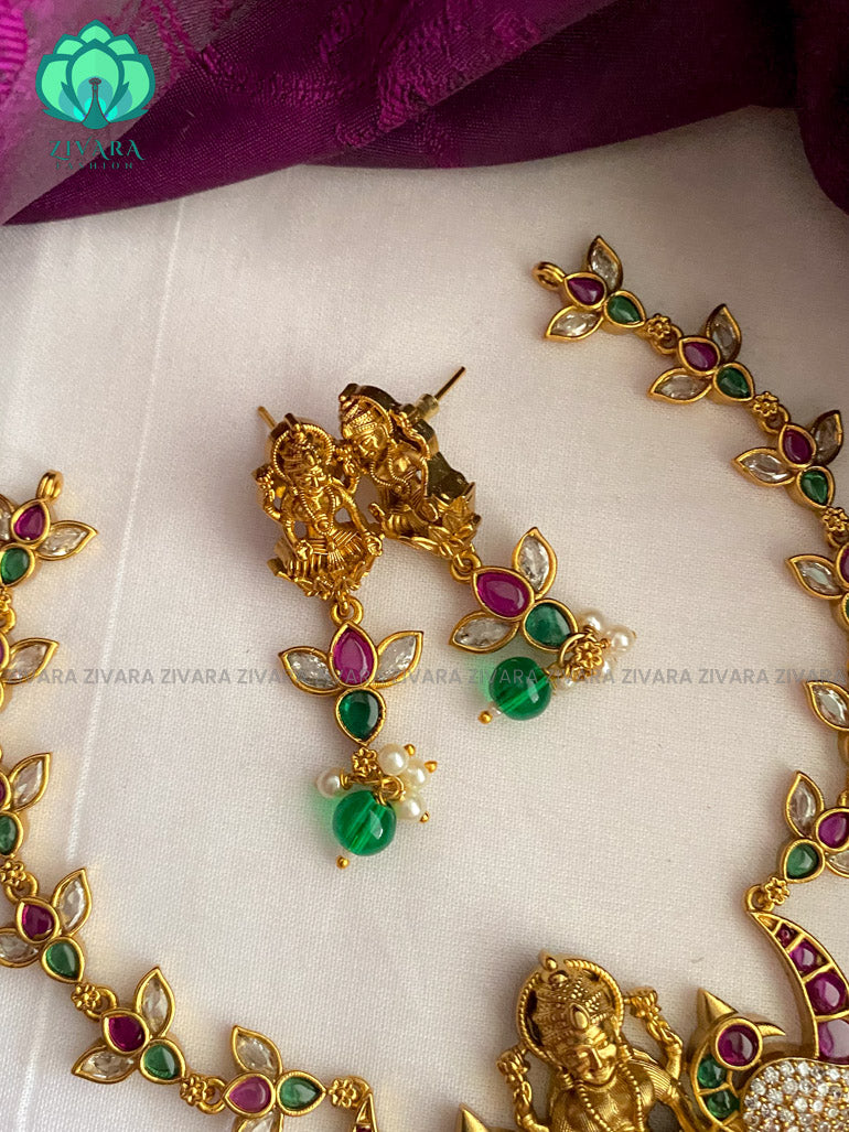 Temple and peacock necklace with earrings- latest bridal jewellery collection CZ Matte