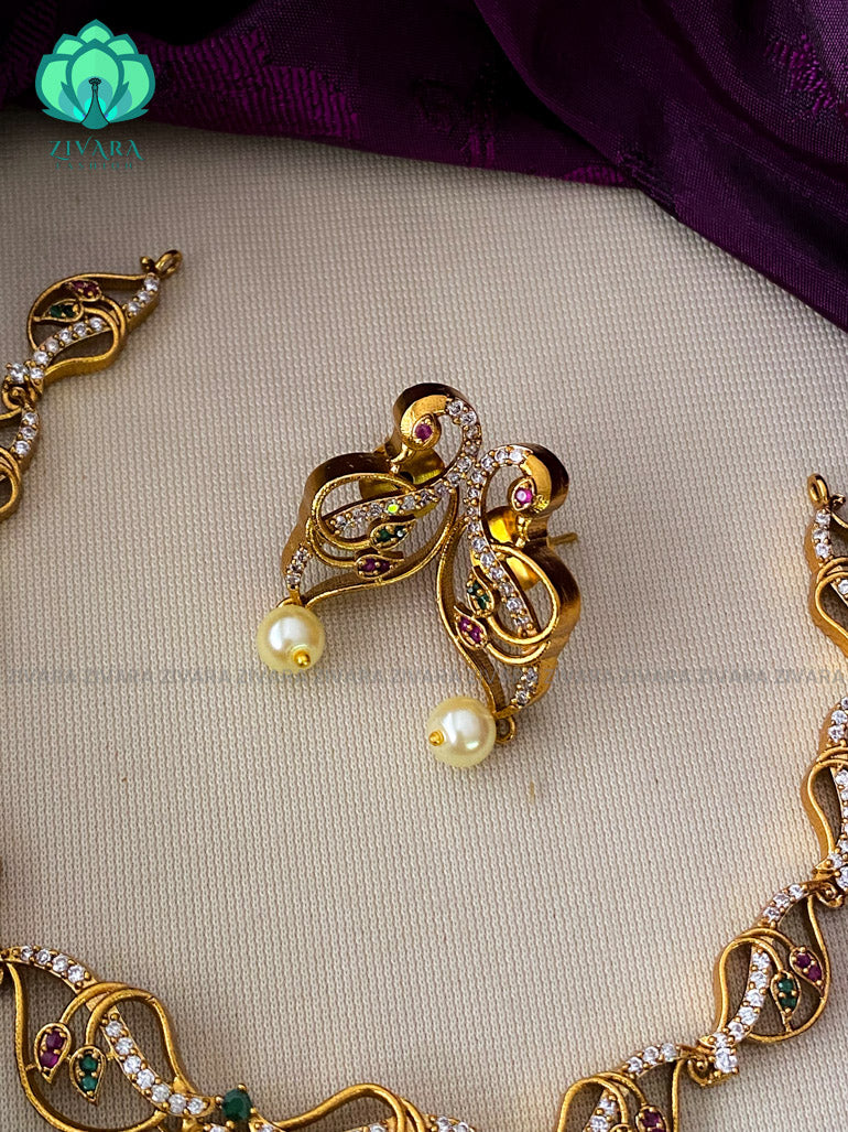 Elegant peacock stone Neckwear with earrings- Zivara Fashion-