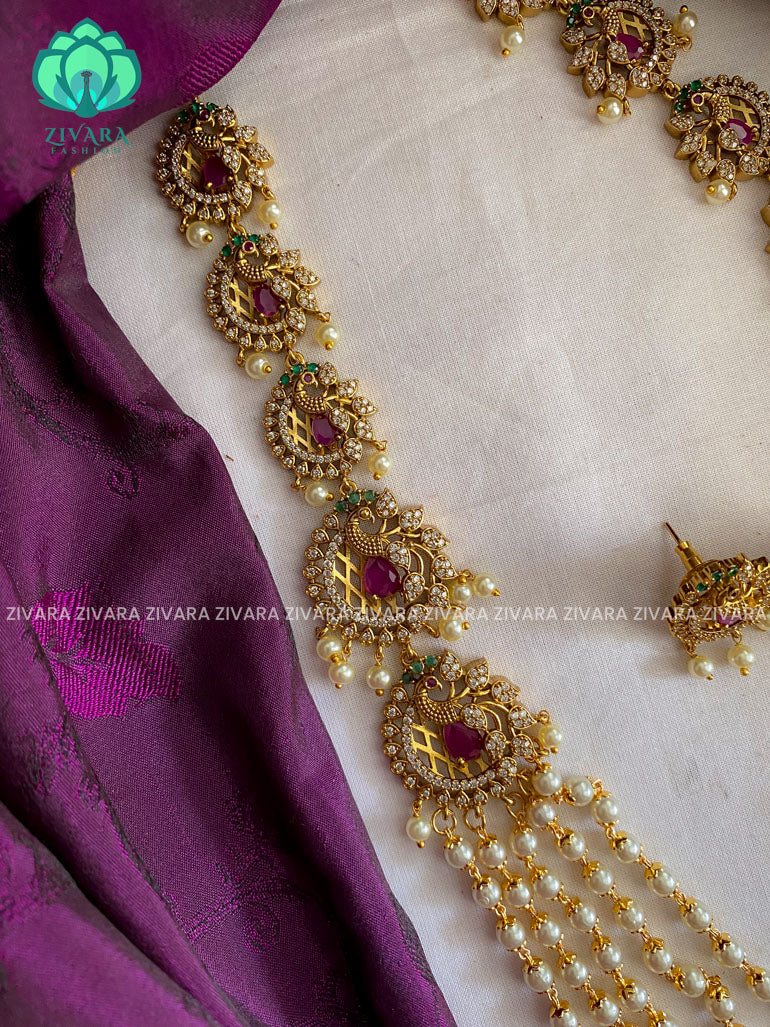 Pearl chain long haaram in CZ pendant with earrings- CZ Matte Finish- Zivara Fashion