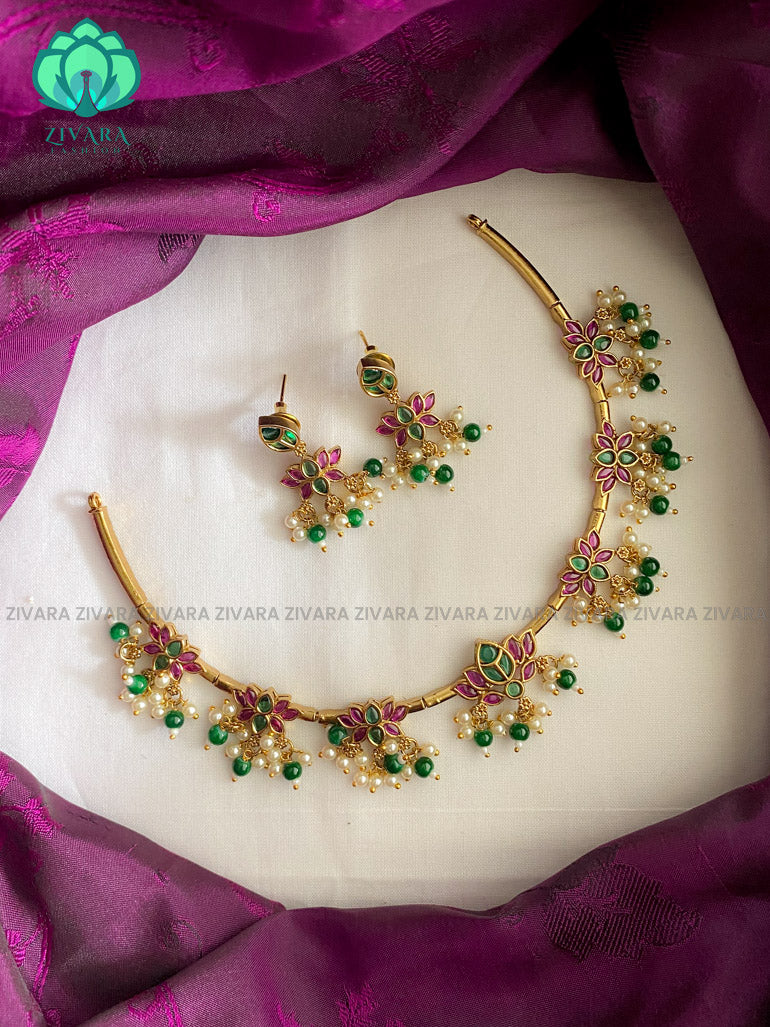 Beautiful lotus real kemp gold look alike flexible hasli neckwear with earrings- latest gold look alike collection