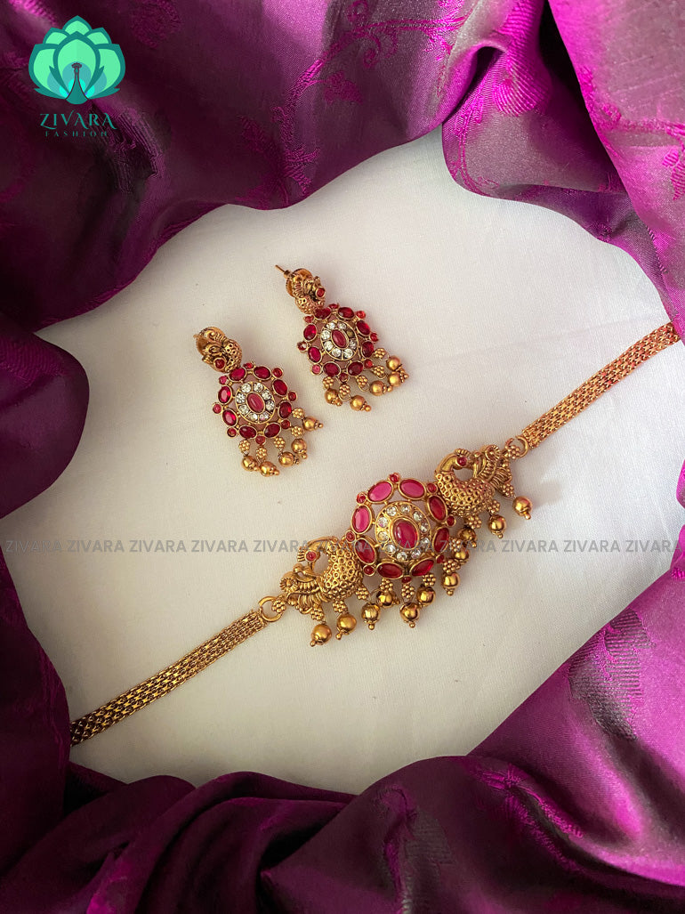 Double peacock matte finish simple choker with earrings-latest south indian jewellery-ruby