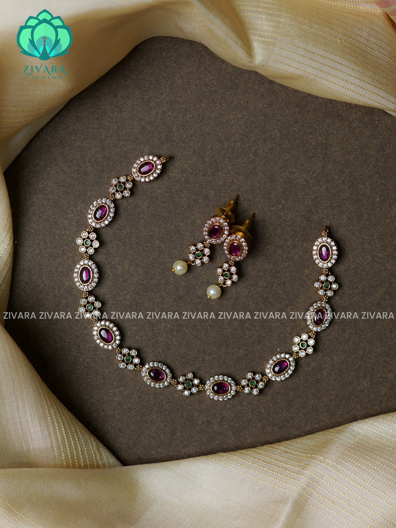 Ruby green stone motif free  -Traditional south indian premium neckwear with earrings- Zivara Fashion- latest jewellery design.