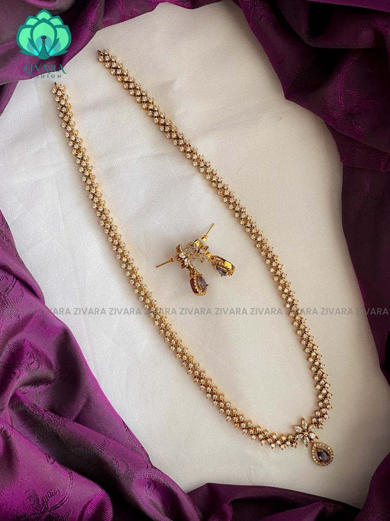 VIOLET stone - Motif free- Elegant and stylish gold polish long haaram/neckwear with earrings- Zivara Fashion