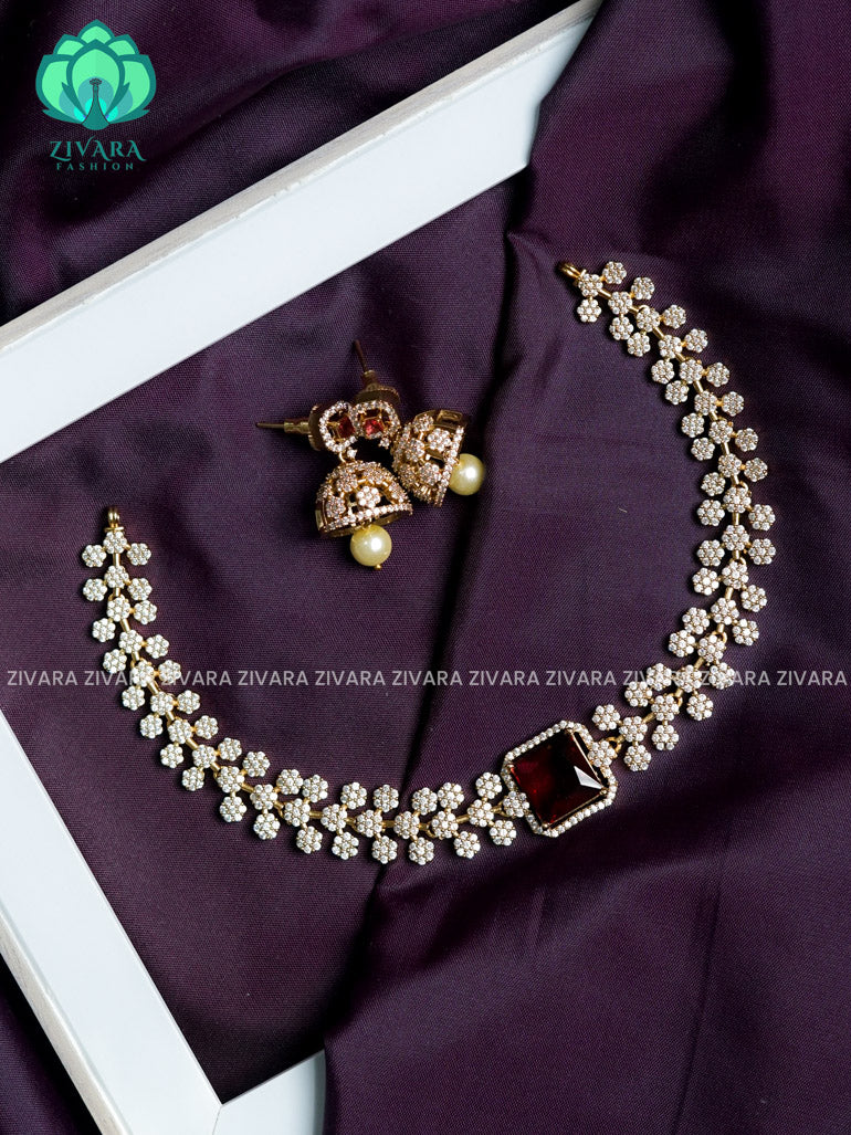 Bridal starry ruby stone pendant - stylish and minimal elegant neckwear with earrings- Zivara Fashion