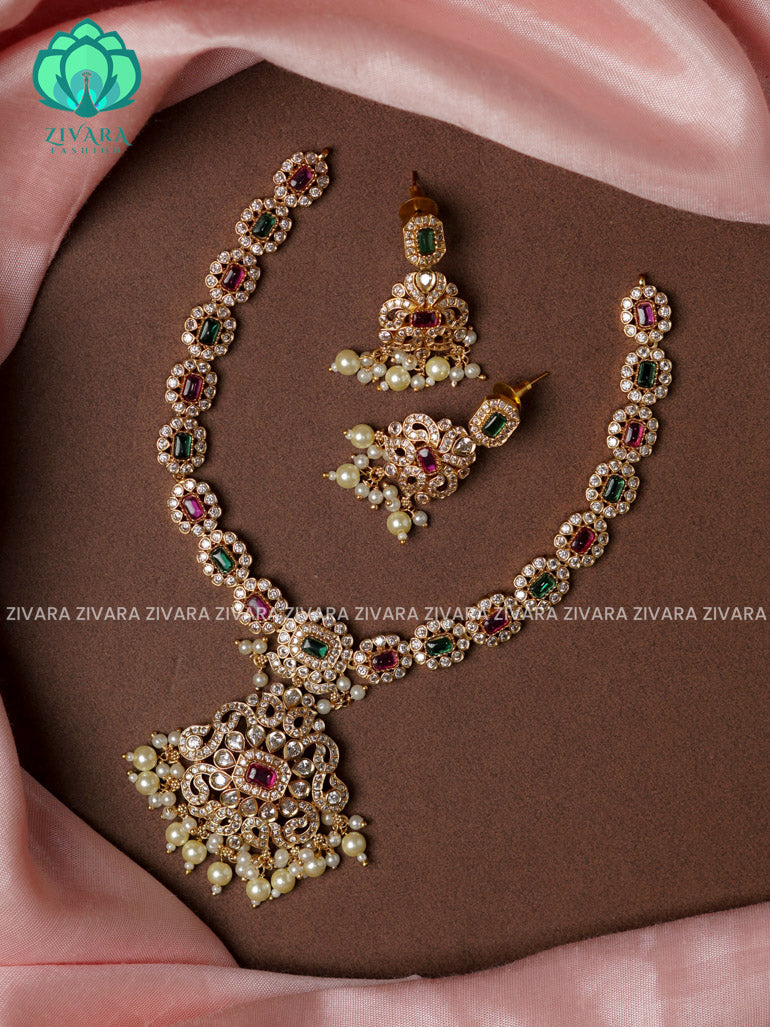 RUBY AND GREEN STONE WITH PENDANT  -Traditional south indian premium neckwear with earrings- Zivara Fashion- latest jewellery design.