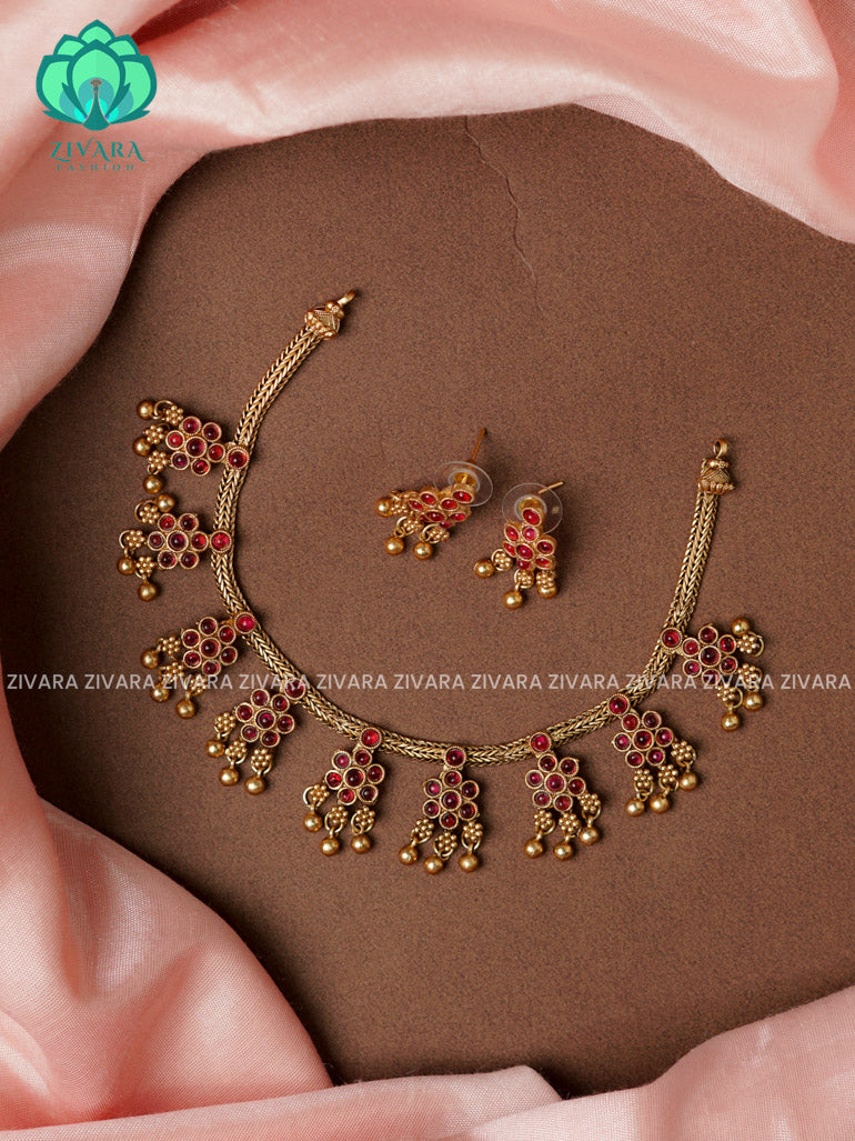 RUBY-flower -Traditional south indian NORMAL MATTE neckwear with earrings- Zivara Fashion- latest jewellery design.