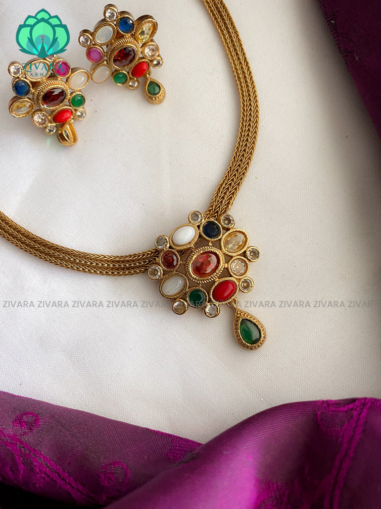 Flexible chain navaratna pendant neckwear earrings - CZ matte finish- Zivara Fashion