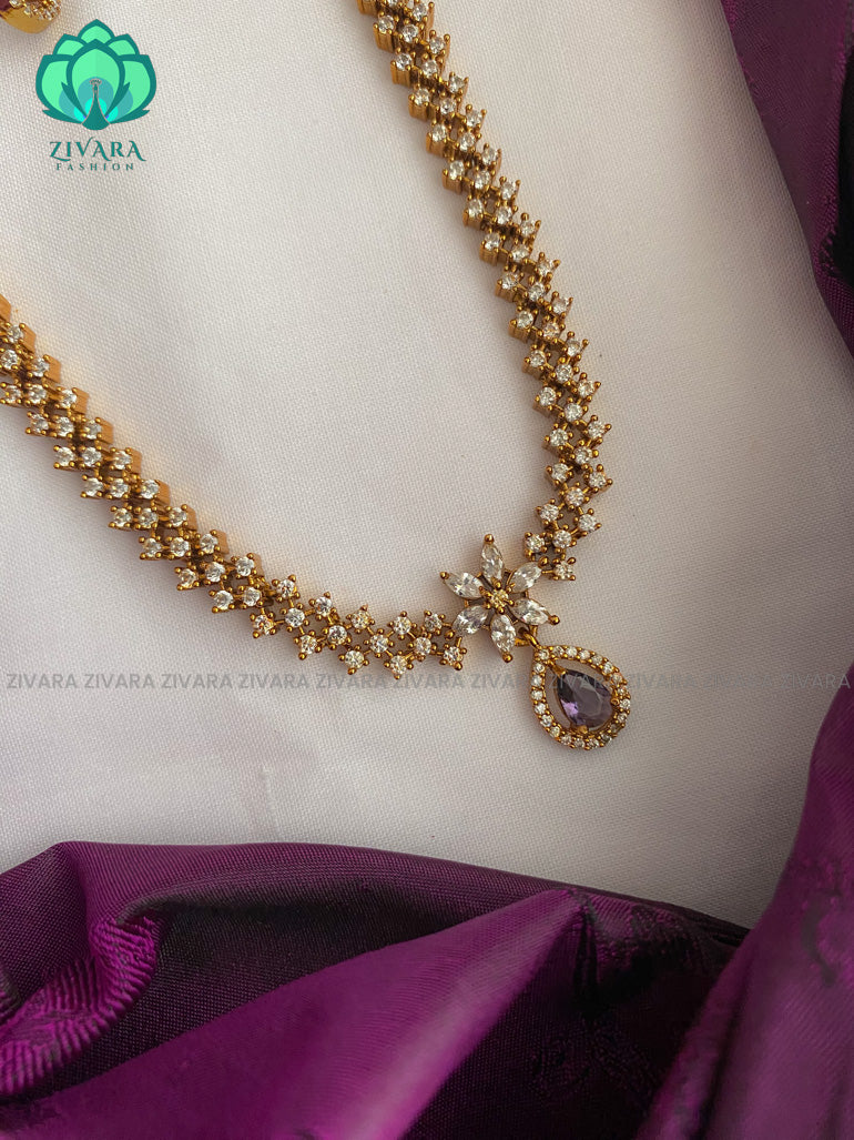 VIOLET stone - Motif free- Elegant and stylish gold polish long haaram/neckwear with earrings- Zivara Fashion