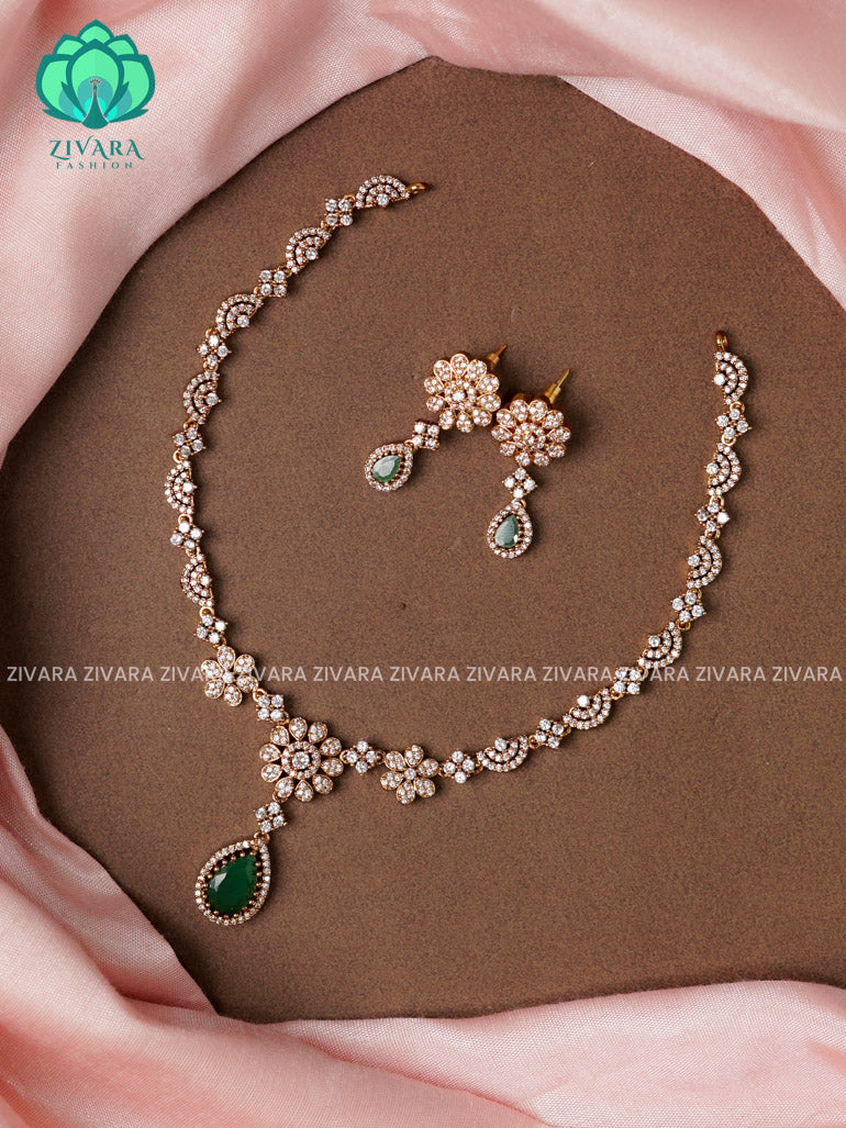 GREEN Floral colourful pendant - stylish and minimal elegant neckwear with earrings- Zivara Fashion