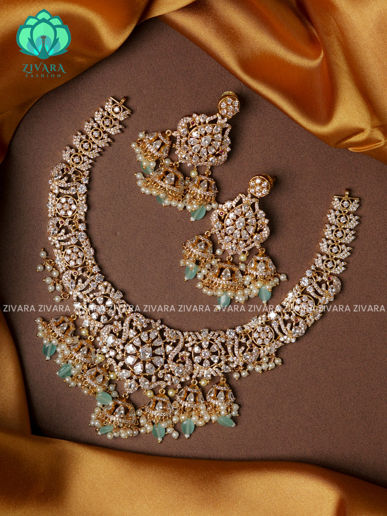 PASTEL GREEN -HEAVY BRIDAL STONE  -Traditional south indian premium neckwear with earrings- Zivara Fashion- latest jewellery design.