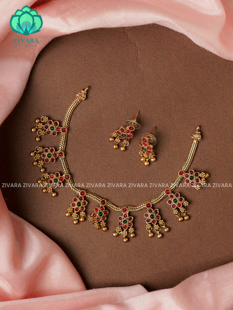 RUBY GREEN-flower -Traditional south indian NORMAL MATTE neckwear with earrings- Zivara Fashion- latest jewellery design.