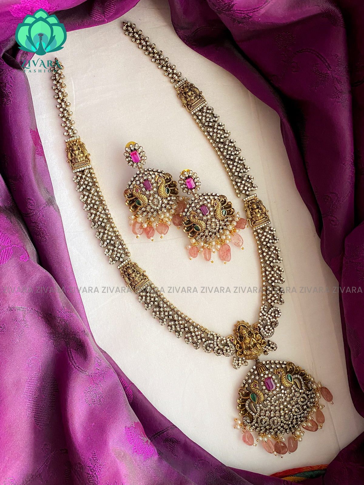 The Magnificient victorian long haaram with stones and earrings- Premium quality CZ Matte collection
