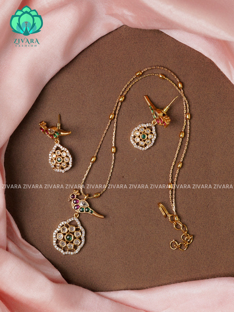 SIMPLE CHAIN WITH PARROT PENDANT  -Traditional south indian premium neckwear with earrings- Zivara Fashion- latest jewellery design.