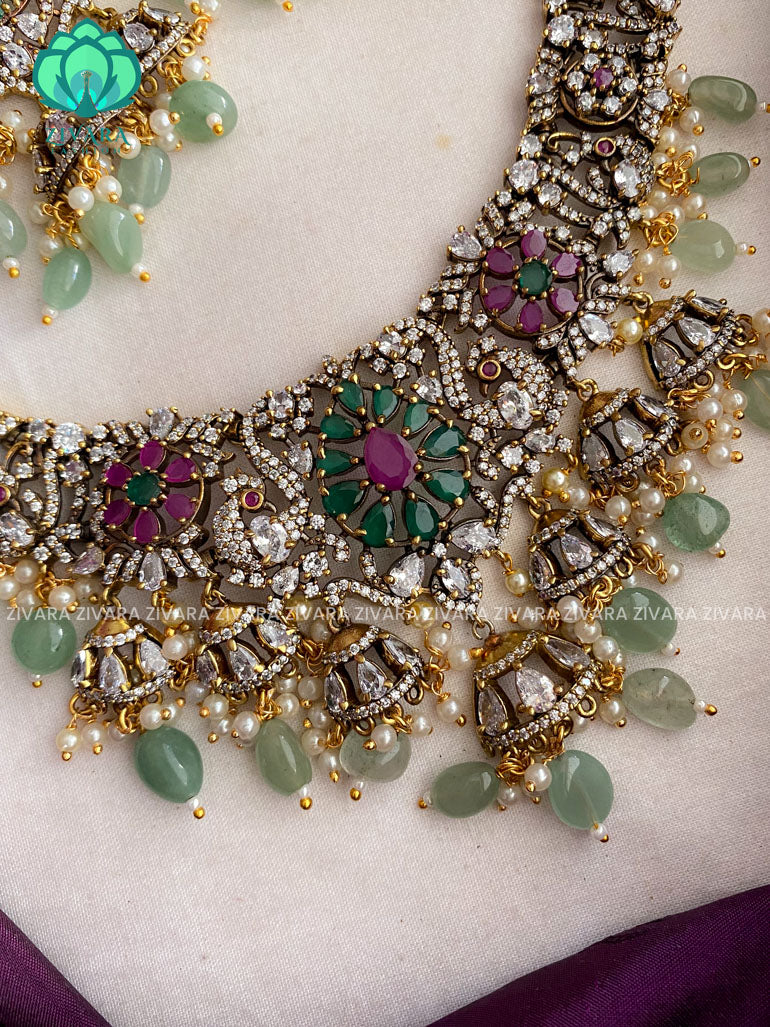 The magnificient Victorian polish peacock neckwear with earrings  - Premium quality CZ Matte collection-south indian jewellery