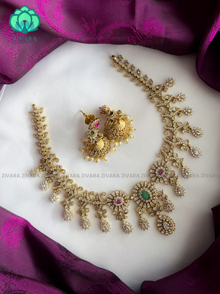 American diamond stone  neckwear with earrings - latest jewellery designs- Zivara Fashion