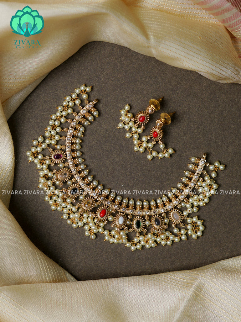 NAVARATNA GUTTAPUSALU SMALL SIZE (7 INCH) -Traditional south indian premium neckwear with earrings- Zivara Fashion- latest jewellery design.