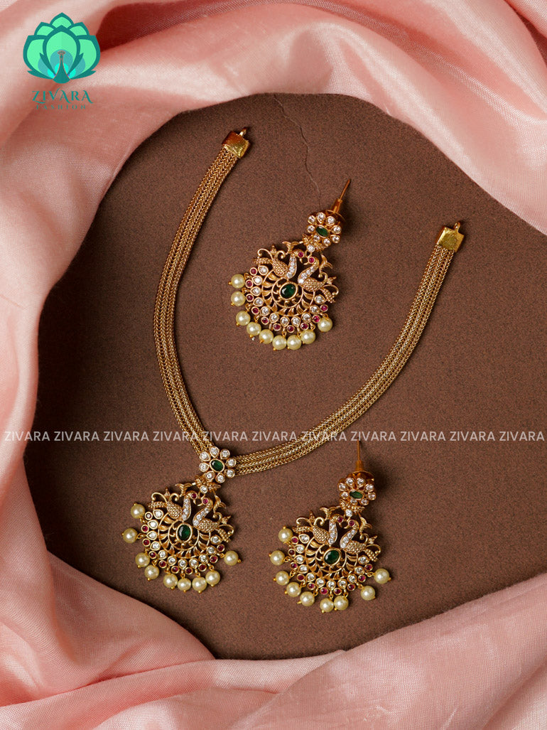 Flexible chain double peacock pendant-Traditional south indian premium neckwear with earrings- Zivara Fashion- latest jewellery design.