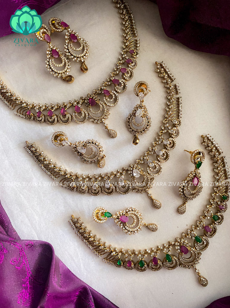American diamond stone tear and circle neckwear with earrings - latest jewellery designs- Zivara Fashion