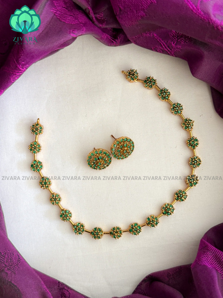 Simple floral green stone neckwear with earrings- Zivara Fashion