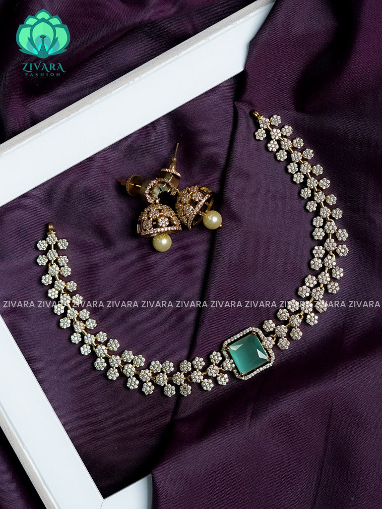 Bridal starry pastel green stone pendant - stylish and minimal elegant neckwear with earrings- Zivara Fashion