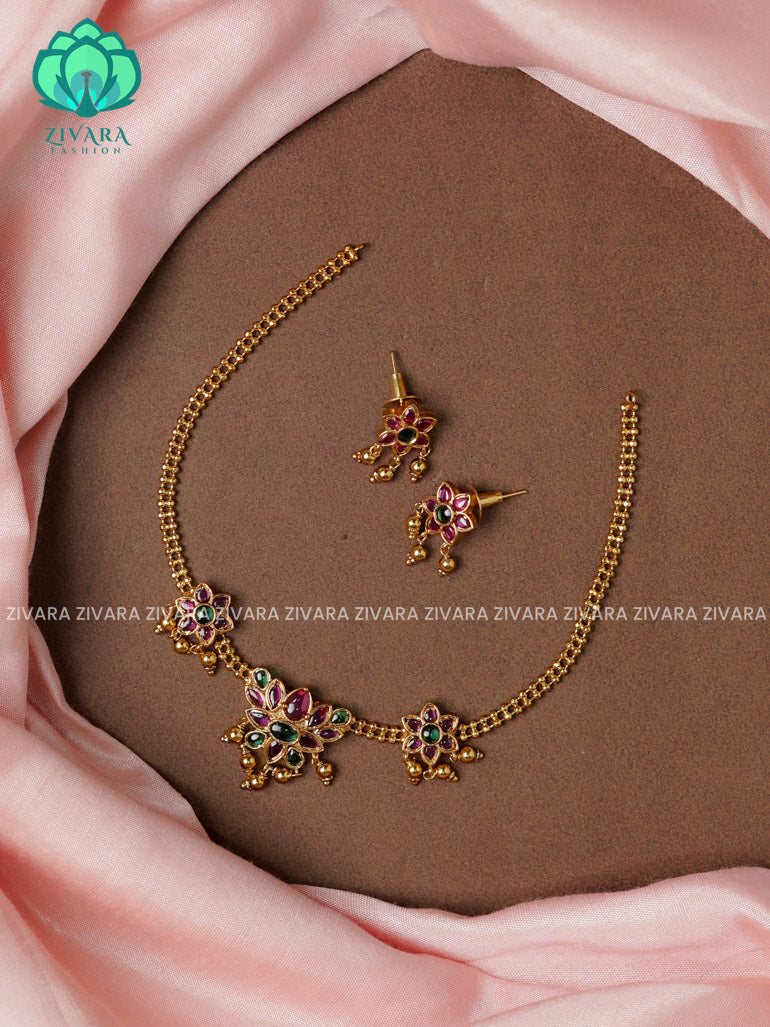 LOTUS BALL CHAIN Traditional south indian premium neckwear with earrings- Zivara Fashion- latest jewellery design.