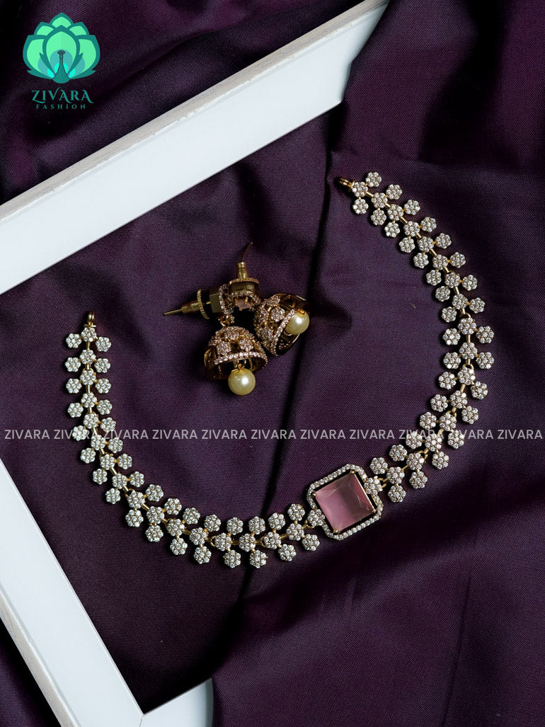 Bridal starry pastel pink stone pendant - stylish and minimal elegant neckwear with earrings- Zivara Fashion