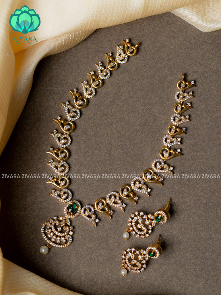 Green- Motif free stone pendant  -Traditional south indian premium neckwear with earrings- Zivara Fashion- latest jewellery design.