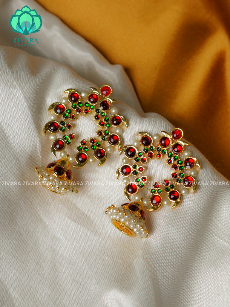 RED AND GREEN - MAGUDAM   - HANDMADE JHUMKAS - latest kemp dance jewellery collection