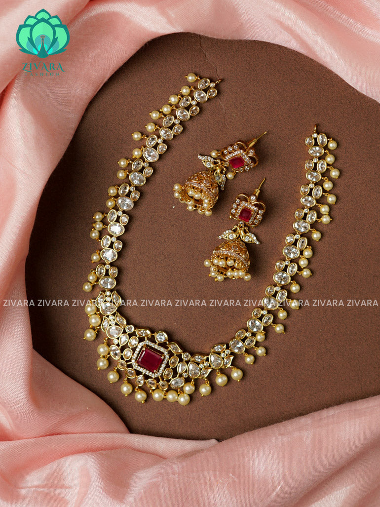 RUBY- BRIDAL UNCUT STONE -Traditional south indian premium neckwear with earrings- Zivara Fashion- latest jewellery design.