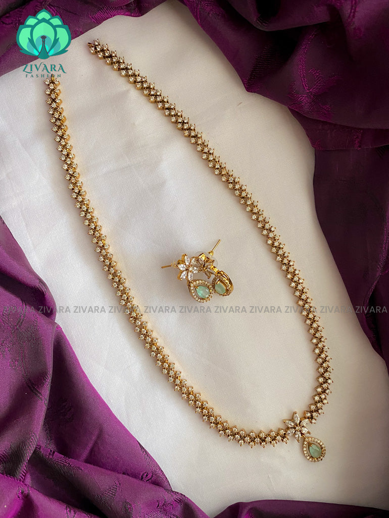 PASTEL GREEN stone - Motif free- Elegant and stylish gold polish long haaram/neckwear with earrings- Zivara Fashion