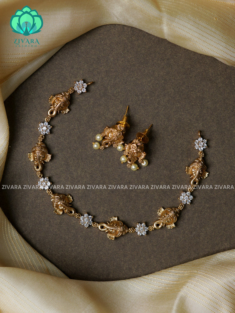 Cute elephant ganesha -Traditional south indian premium neckwear with earrings- Zivara Fashion- latest jewellery design.