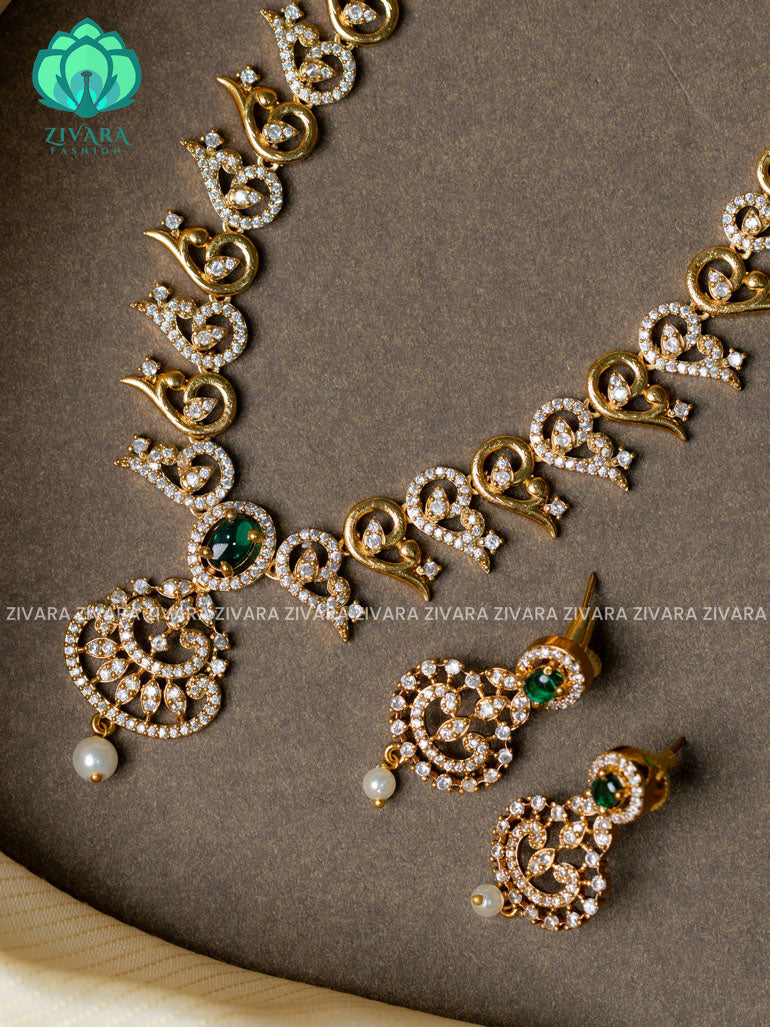 Green- Motif free stone pendant  -Traditional south indian premium neckwear with earrings- Zivara Fashion- latest jewellery design.