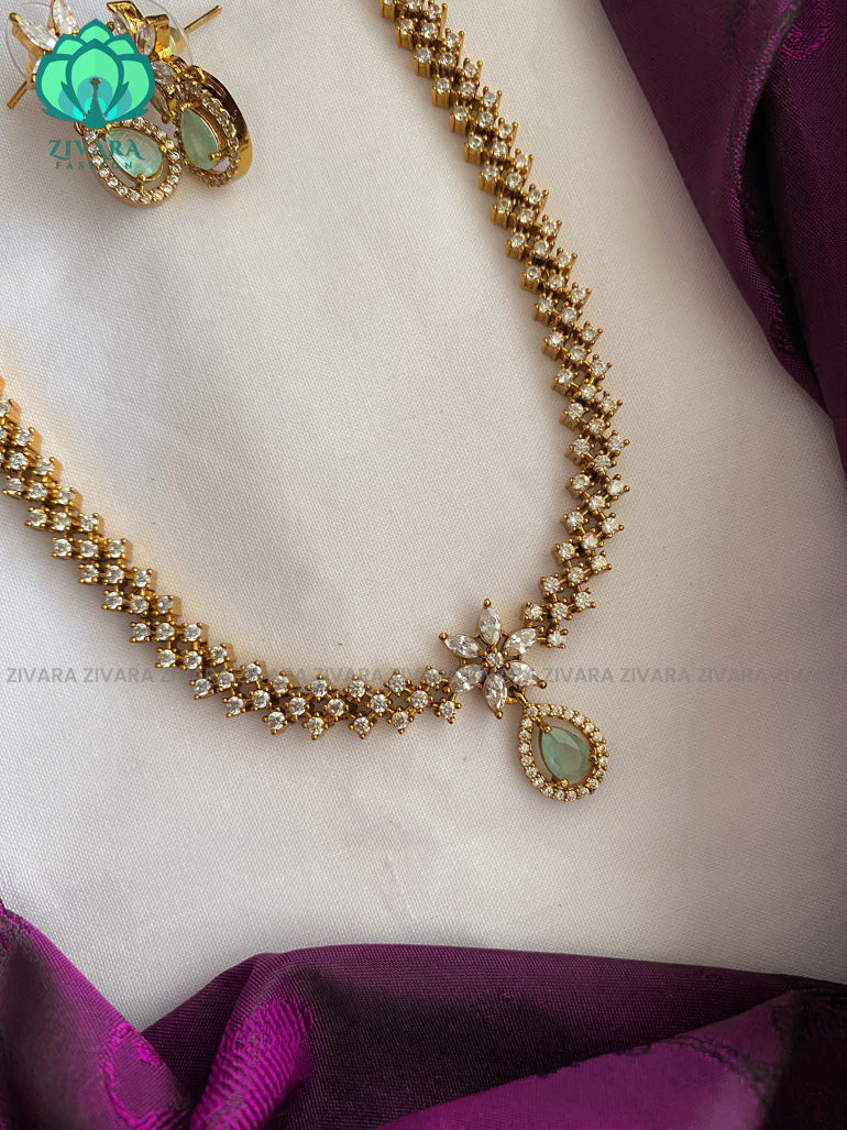 PASTEL GREEN stone - Motif free- Elegant and stylish gold polish long haaram/neckwear with earrings- Zivara Fashion