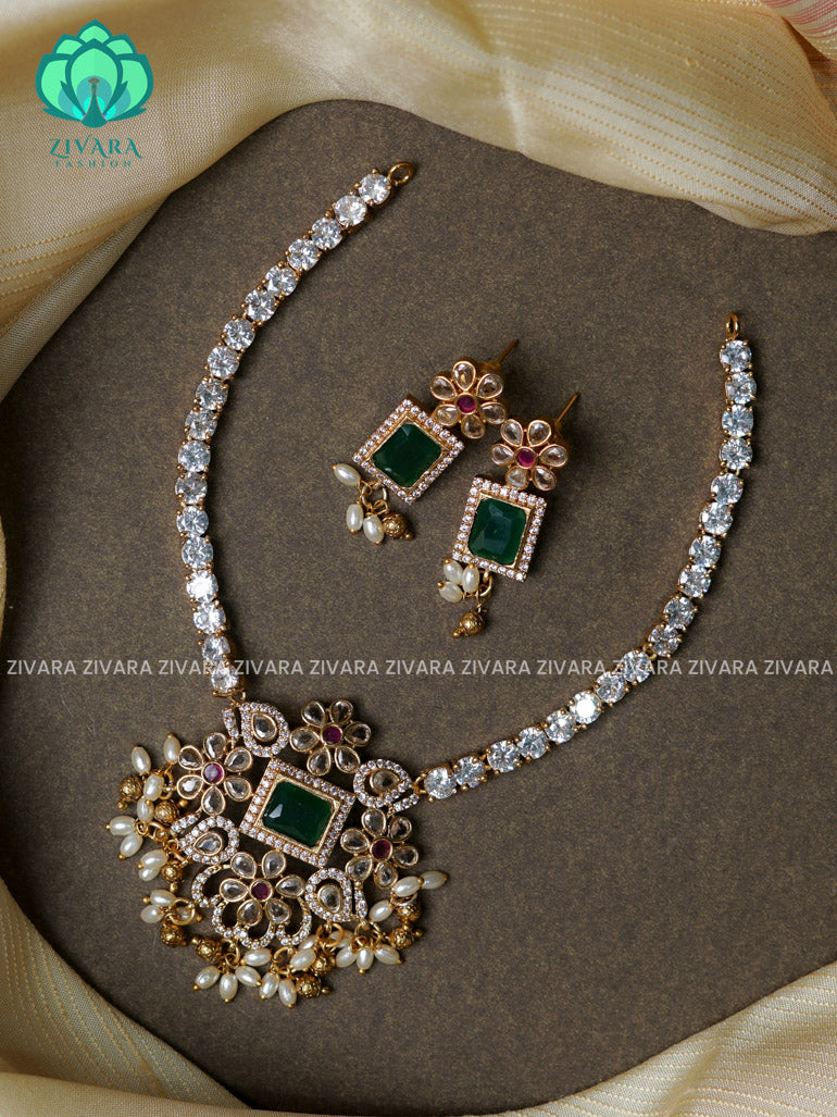 Stone chain with pendant -Traditional south indian premium neckwear with earrings- Zivara Fashion- latest jewellery design.