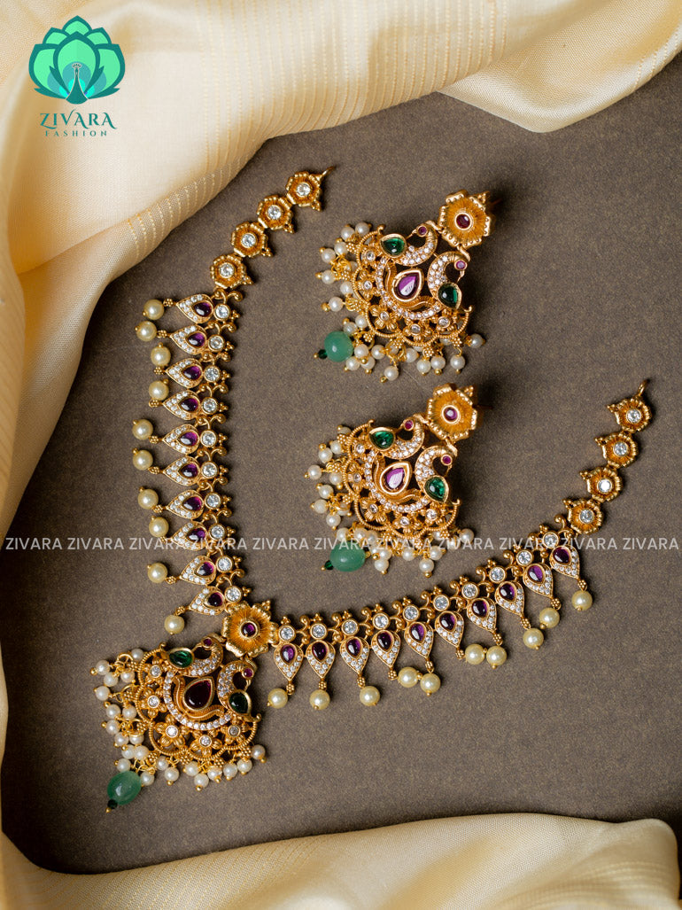 Double peacock pendant real kemp  -Traditional south indian premium neckwear with earrings- Zivara Fashion- latest jewellery design.