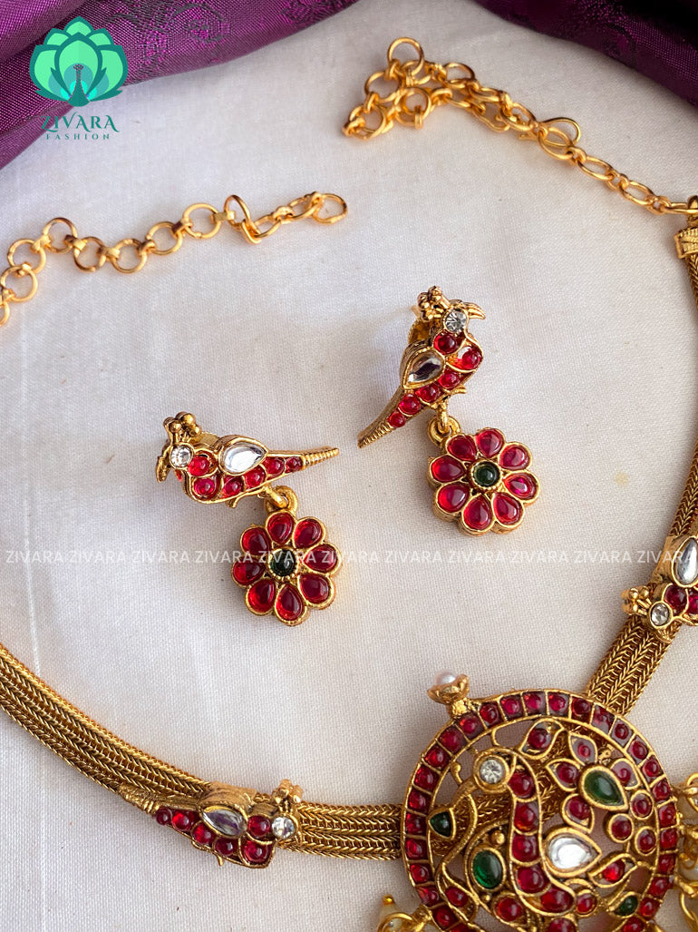 Normal matte flexible chain annapakshi necklace with  earrings - CZ Matte Finish- Zivara Fashion