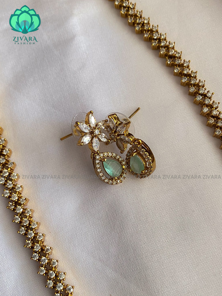 PASTEL GREEN stone - Motif free- Elegant and stylish gold polish long haaram/neckwear with earrings- Zivara Fashion